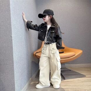 子潮 阔腿裤 女童2025春秋潮酷短款 齐腰皮衣外套中大童宽松痞帅工装