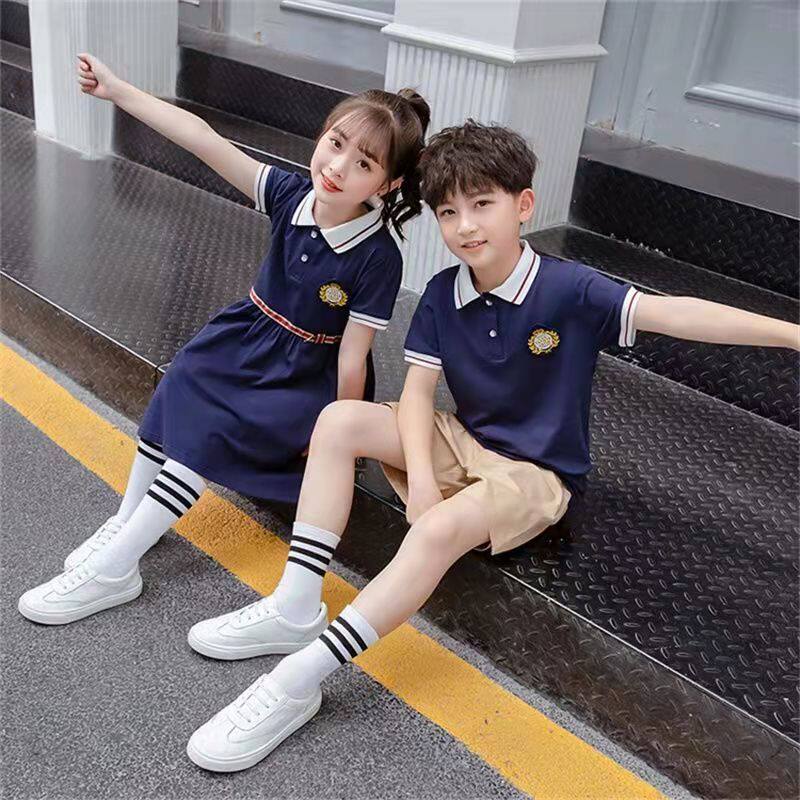 夏天校服幼儿园园服半袖纯棉儿童班服小学生校服纯色连衣裙