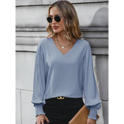 Women's Plain Shirred V Neck Bishop Sleeve Blouse Elegant