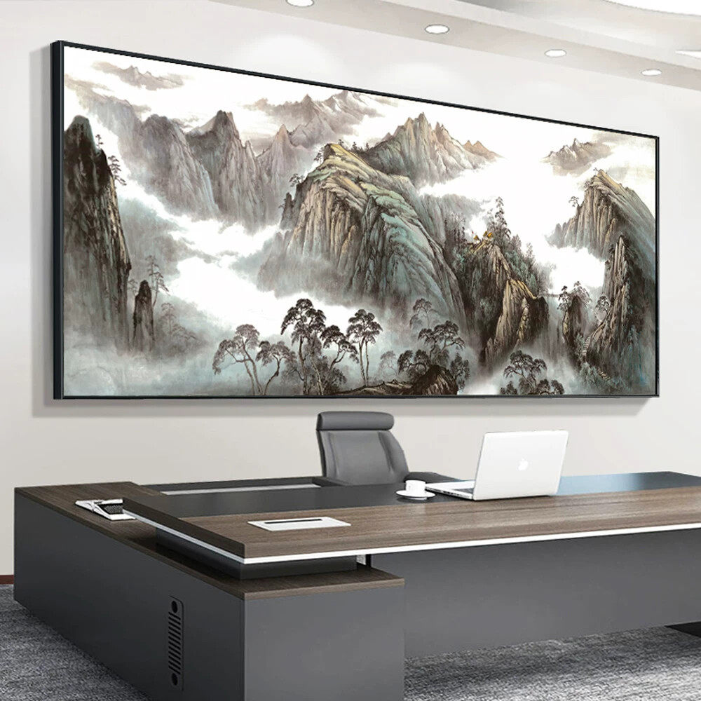 紫气东来背景墙装饰画老板办公室靠山图有山无水画客厅山水画挂画
