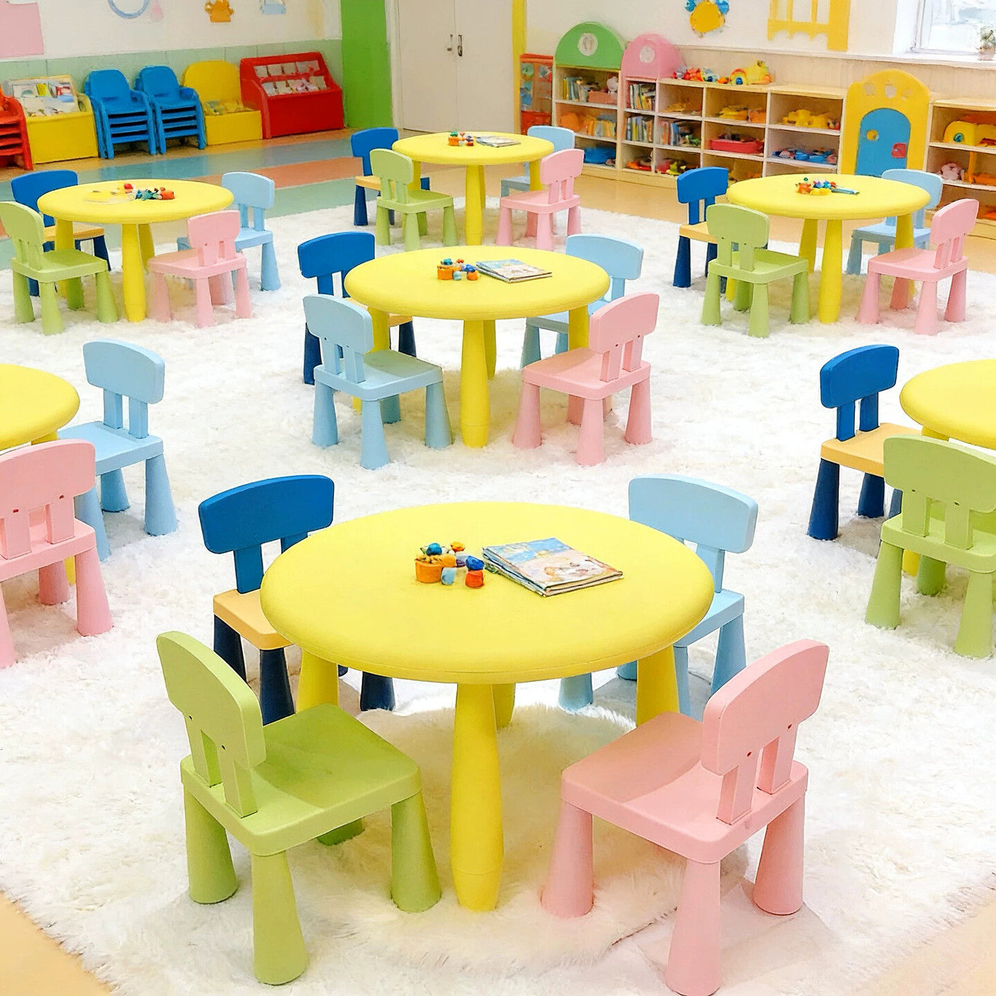 儿童塑料圆桌椅居家用防滑桌椅 适用幼儿园桌椅组 粉蓝色系风格新