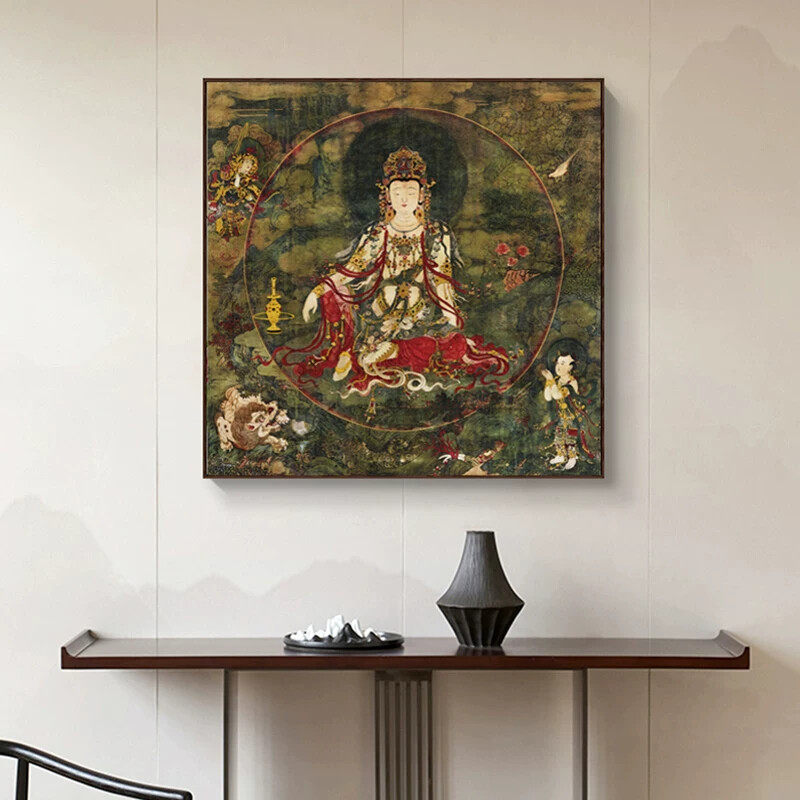 水月观音普贤菩萨装饰画中式中堂敦煌壁画复古佛像文殊菩萨挂画