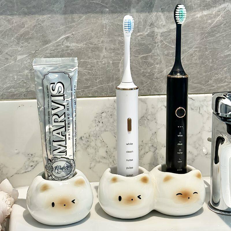 卫生间牙膏置物架收纳暹罗猫创意电动牙刷置物架可爱支架底座陶瓷