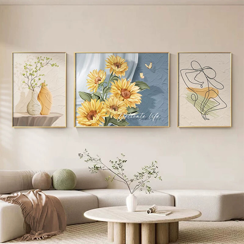 北欧风向日葵客厅装饰画现代简约三联壁画轻奢抽象沙发背景墙挂画