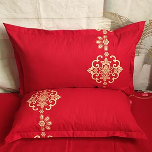 大红色枕套全棉结婚一对100%纯棉拉链式婚庆斜纹印花单双人枕头套