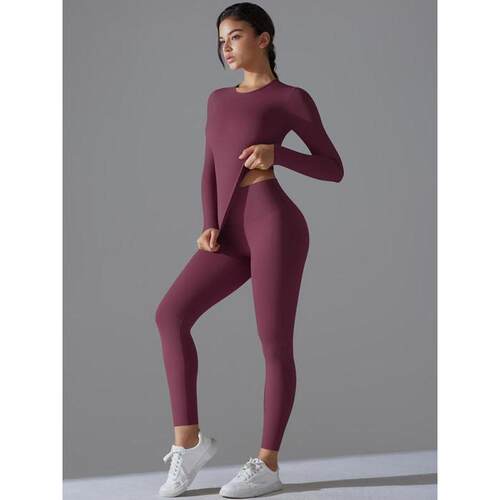 Womens Solid Long Sleeve Top Leggings Tracksuit Set Sporty