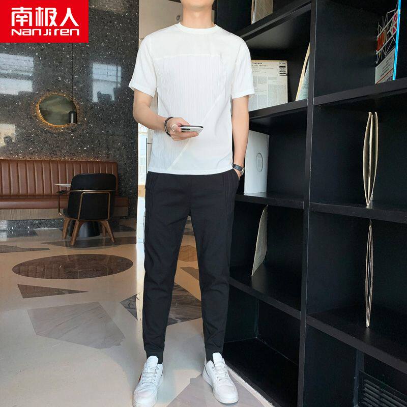 [南极人]夏季男士休闲冰丝套装薄款潮流帅气运动短袖长裤百搭两件