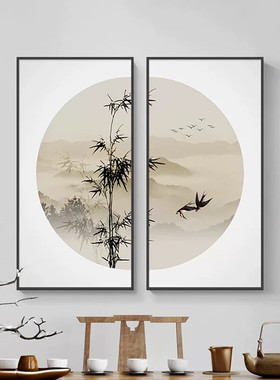新中式挂画茶室背景墙装饰画水墨画书房山水画客厅饭厅组合玄关画