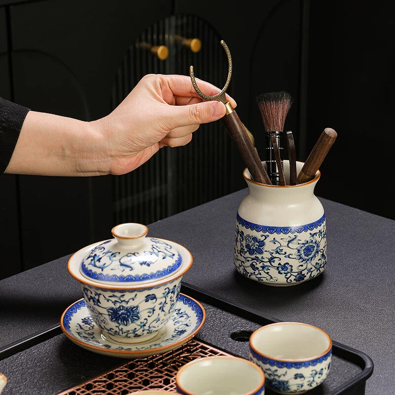 黄汝窑缠枝莲2025新款功夫茶具套装西施泡茶壶家用提梁壶盖碗整套