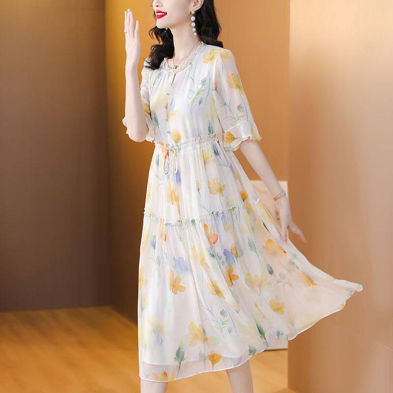 夏季新款2026雪纺连衣裙时尚木耳边圆领气质宽松显瘦百搭印花裙子