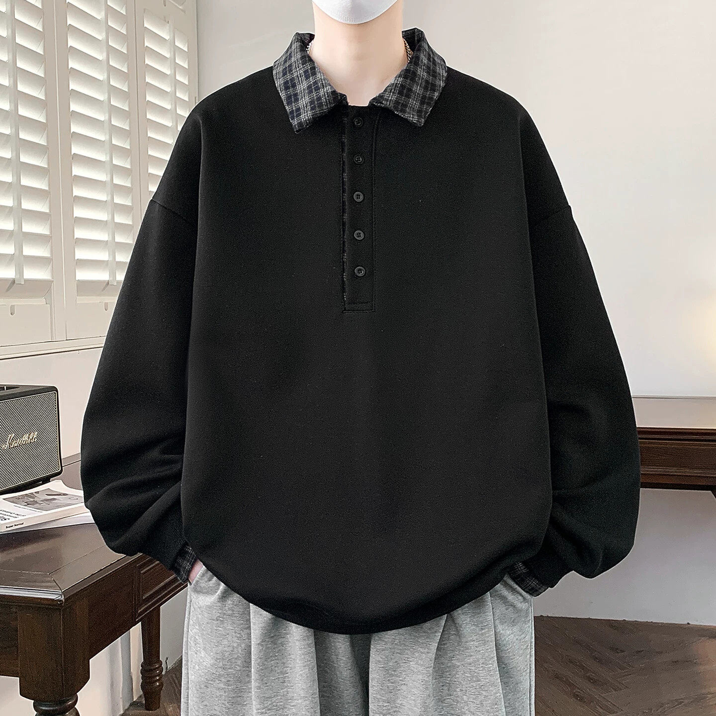 重磅翻领早春装卫衣男春秋季长袖T恤潮牌宽松上衣男款内搭打底衫