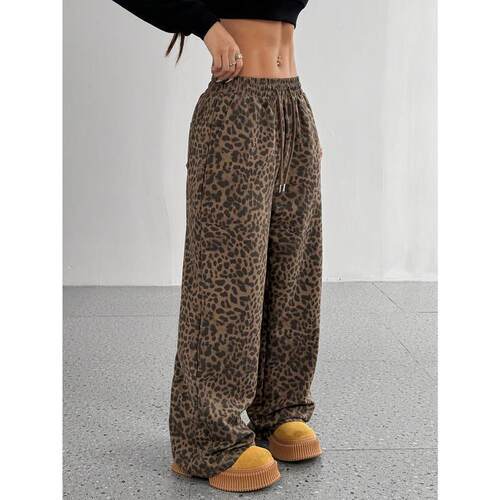 Chic Leopard Print Drawstring StraightLeg Pants for Women