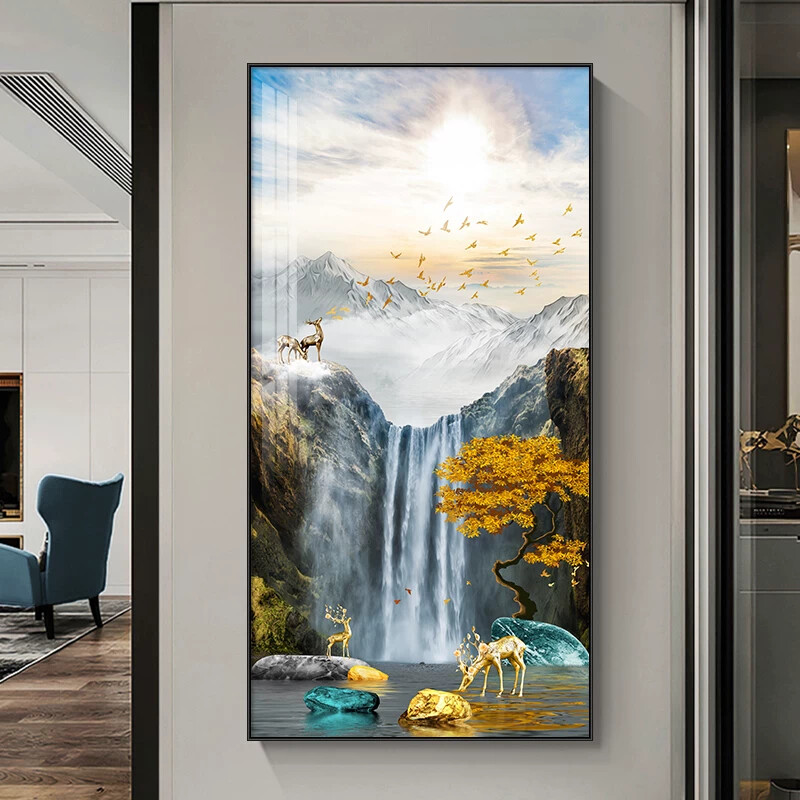 轻奢入户玄关装饰画玄幻背景墙走廊挂画客厅过道高山流水风景壁画