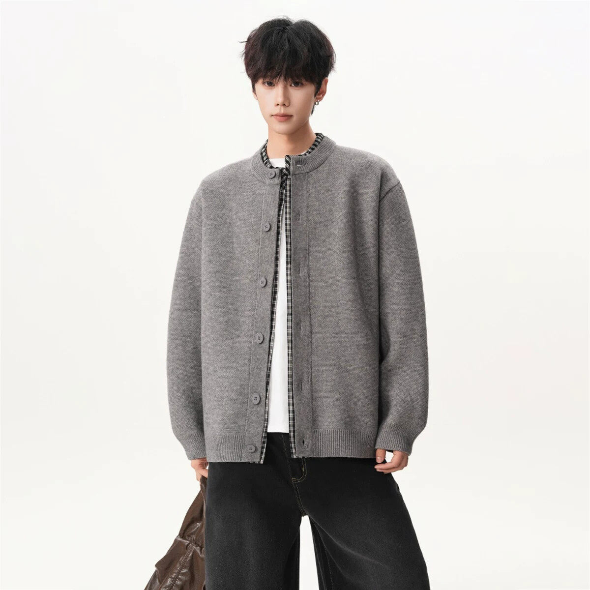 假两件格子拼接针织开衫外套男潮牌春秋宽松复古百搭休闲排扣毛衣