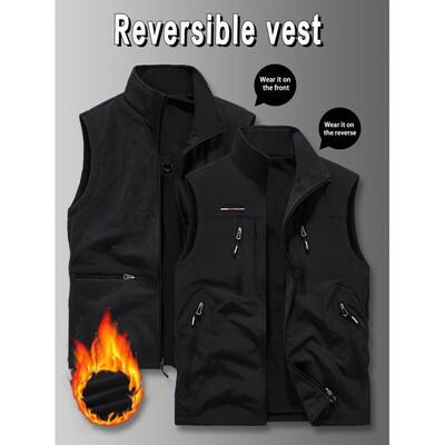 Men's two sided fleece vest with eight pockets warm
