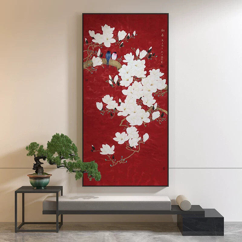 新中式客厅玄关装饰画中国红玉兰花鸟背景墙壁走廊过道竖版挂画