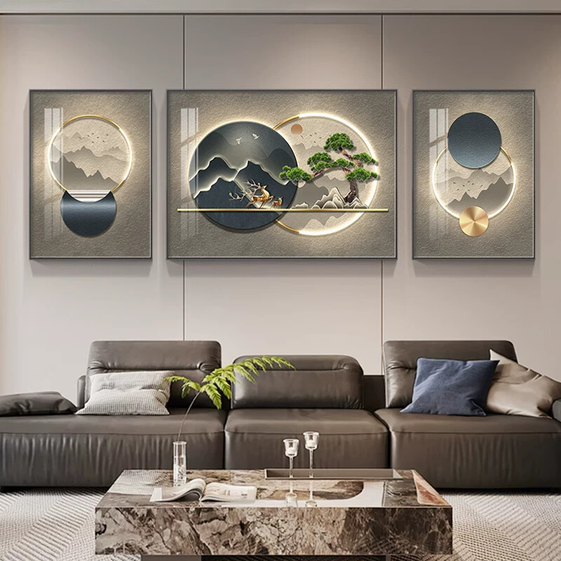 现代轻奢客厅装饰画新款大气山水沙发背景墙挂画三联组合晶瓷壁画