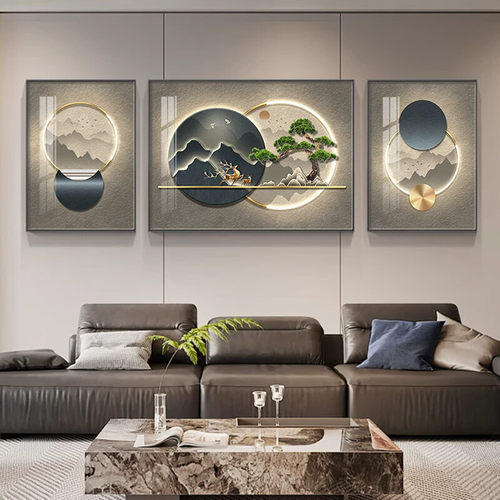 现代轻奢客厅装饰画新款大气山水沙发背景墙挂画三联组合晶瓷壁画