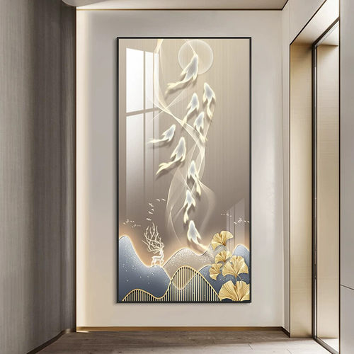 九鱼聚财 玄关装饰画现代轻奢挂画入户客厅走廊过道壁画竖版墙画