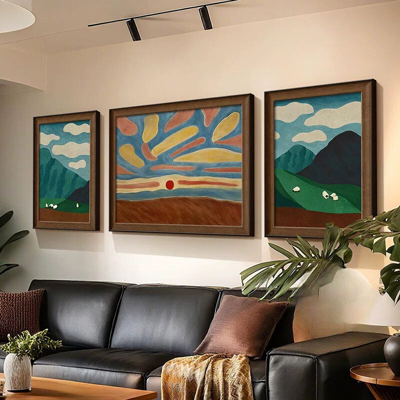 中古风客厅装饰画绿色风景复古艺术三联画背有靠山沙发背景墙挂画