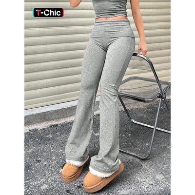 Womens Plain Ruched Flared Leggings Casual Comfy High