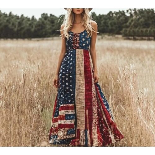 Womens Vintage Independence Day Patch Art Line Dress