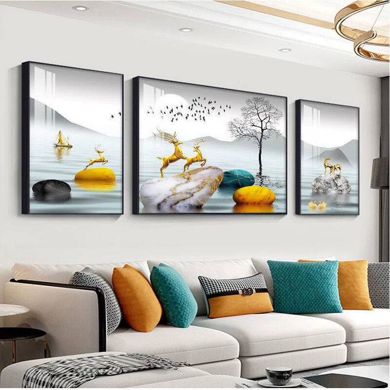 现代简约客厅装饰画三联挂画轻奢灰色沙发背景墙北欧晶瓷镶钻壁画