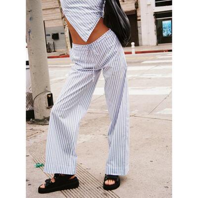 G 74148 Cotton linen striped pants 棉麻条纹阔腿裤跨境速