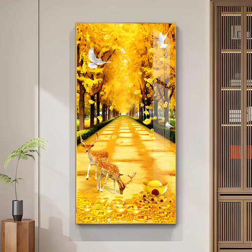 现代简约玄关挂画入户正对门麋鹿招财装饰画黄金大道走廊过道壁画