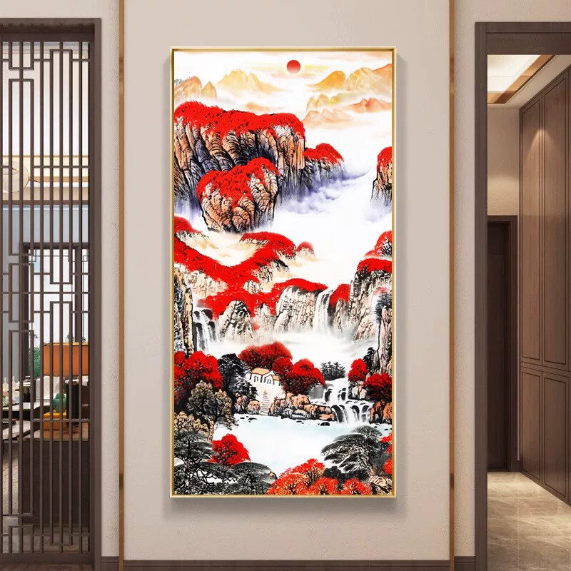 新中式玄关装饰画 高清山水壁画客厅挂画 拉丝金框装饰画 过道走