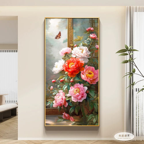 牡丹花开富贵玄关装饰画新中式走廊过道挂画喜上眉梢客厅竖版壁画
