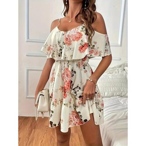 Womens Floral Print Ruffle Trim A Line Dress Boho Butterfly
