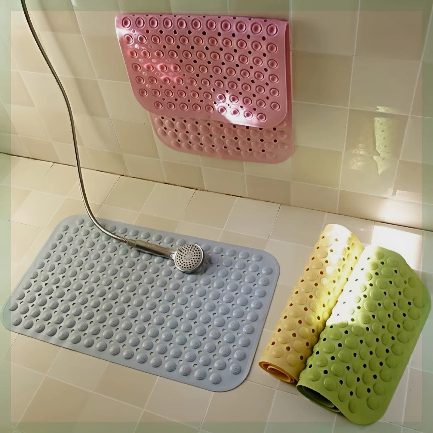 新款马卡龙浴室防滑地垫卫生间吸盘上墙沥水地垫洗澡防滑硅胶地垫