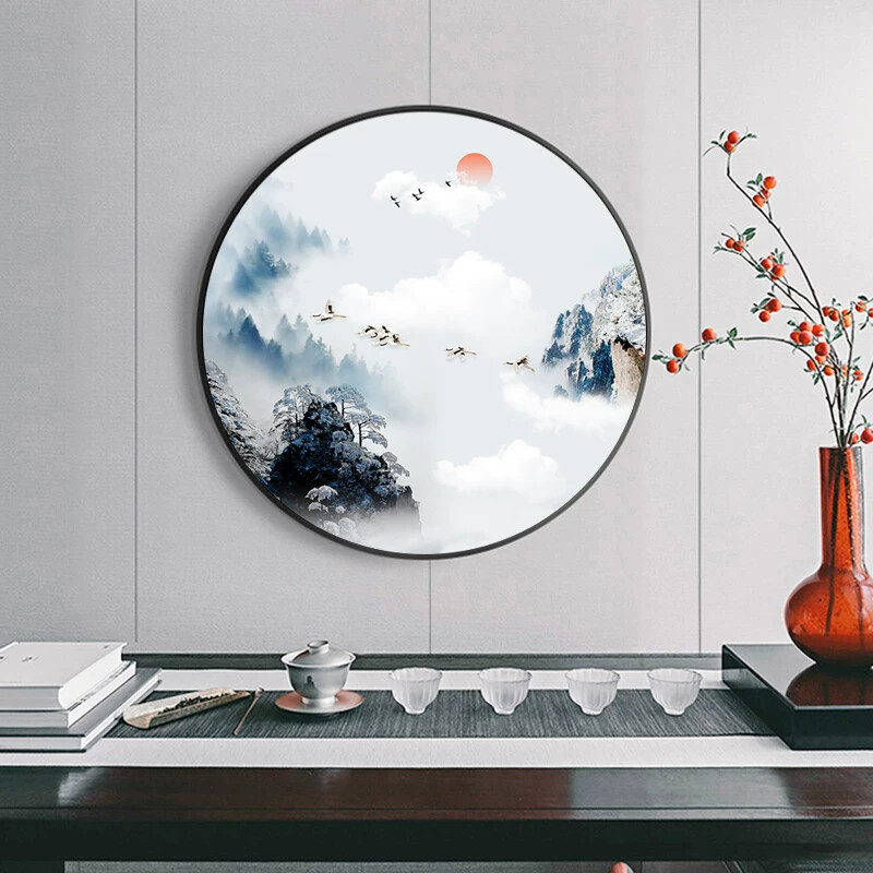 山水画圆形客厅茶室装饰画新中式中国风玄关背景墙画卧室书房挂画