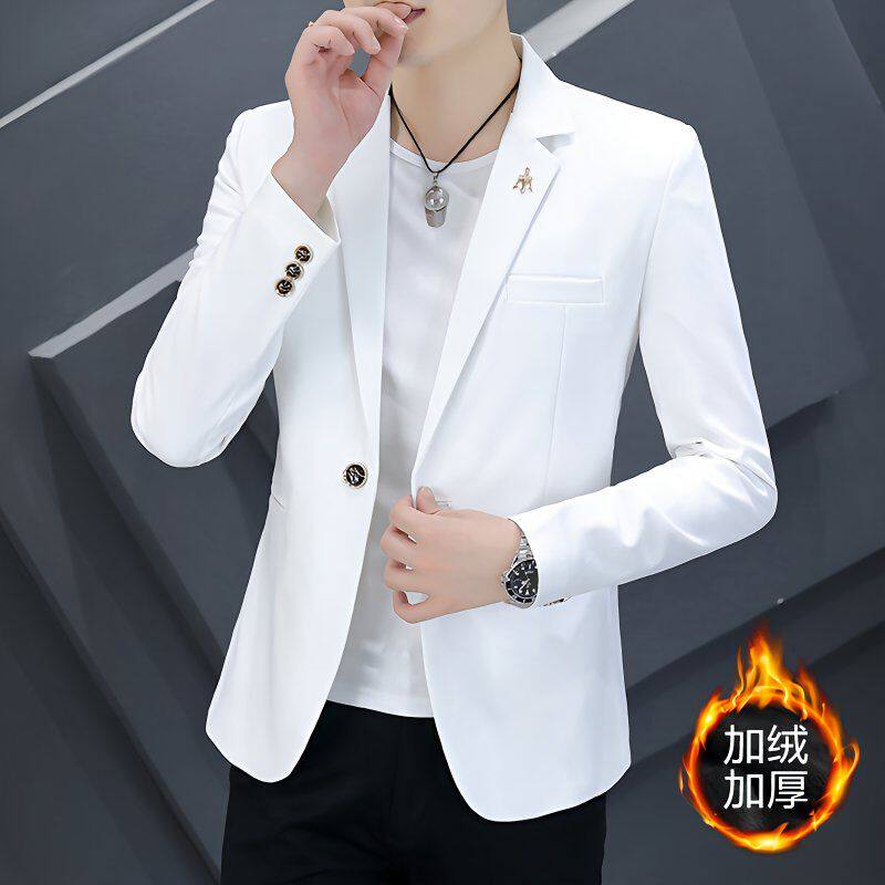 休闲西服男青年上衣单件纯色修身秋冬季黑色白色加绒西装外套男