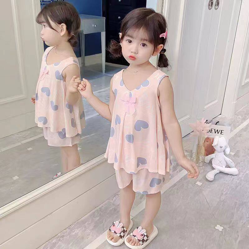 女童睡衣夏季儿童薄款绵绸棉绸小女孩粉底灰蝴蝶结夏款家居服套装