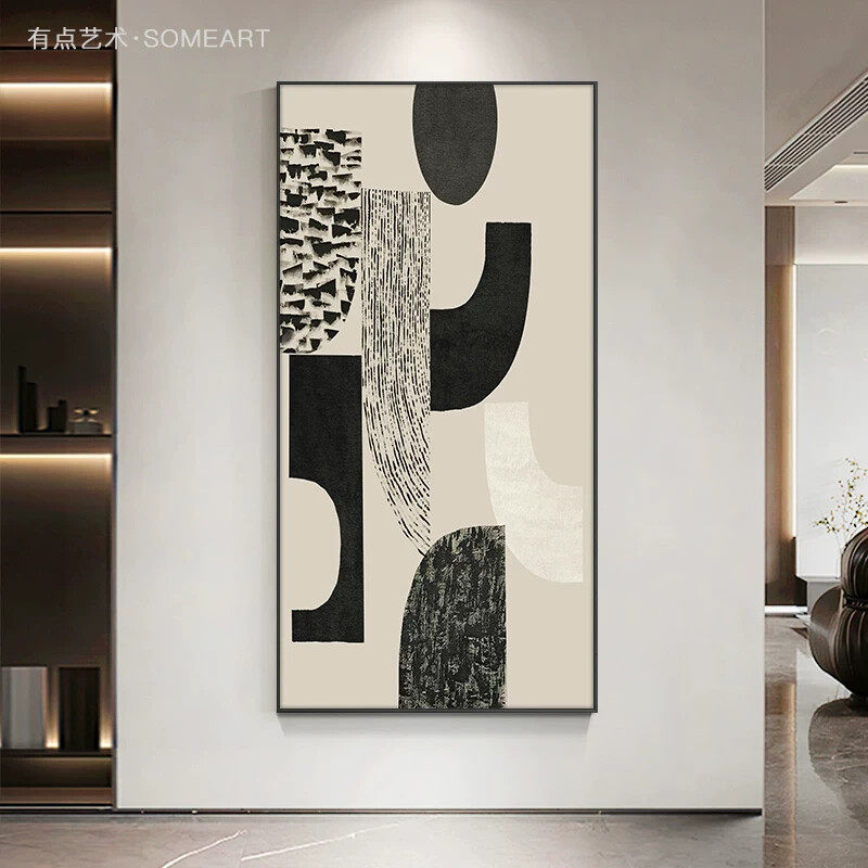 现代简约入户玄关装饰画客厅抽象艺术竖版壁画黑白灰走廊过道挂画