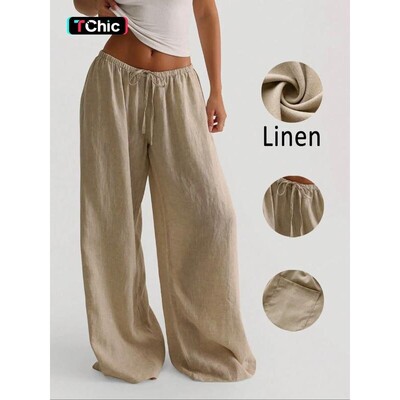 Womens Linen Wide Leg Pants High Waist Drawstring Loose