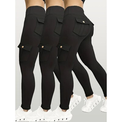 3pcs Womens HighWaisted Yoga Pants with Hip Lift Pockets 90