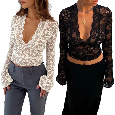 Sexy lace mesh transparent Womens Summer Fashion Crop Tops