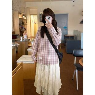 奶兔星球-自制 小兔贴布轻薄款曼波格纹衬衫女春纯棉宽松长袖上衣
