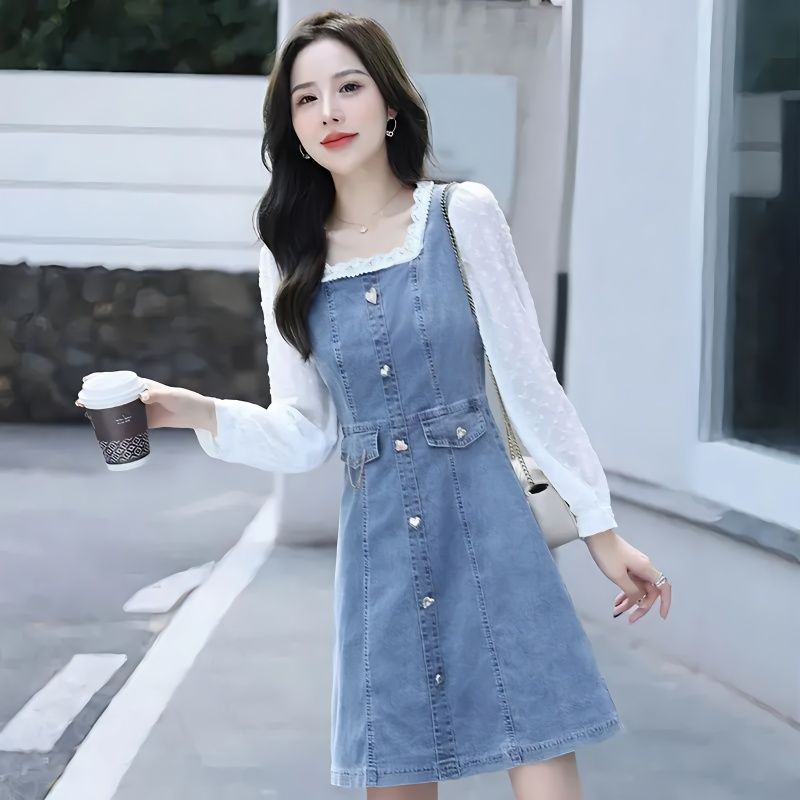 拼接牛仔连衣裙女2025春季新款法式仙女裙收腰洋气假两件套打底裙