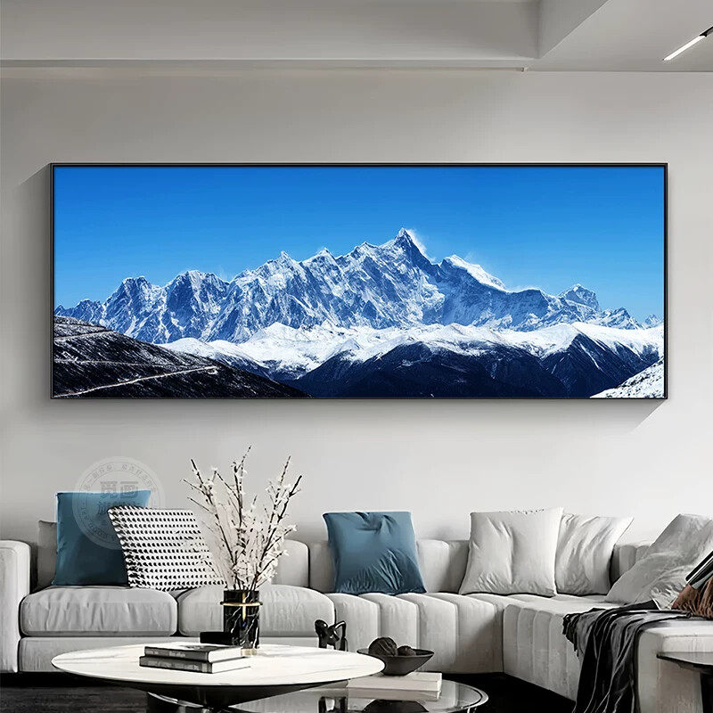雪山风景装饰画银色大气办公室背景墙壁画背有靠山横幅山水挂画