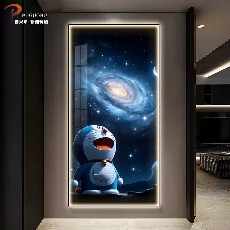 哆啦A梦玄关装饰画现代简约卡通儿童房发光灯画客厅走廊过道挂画