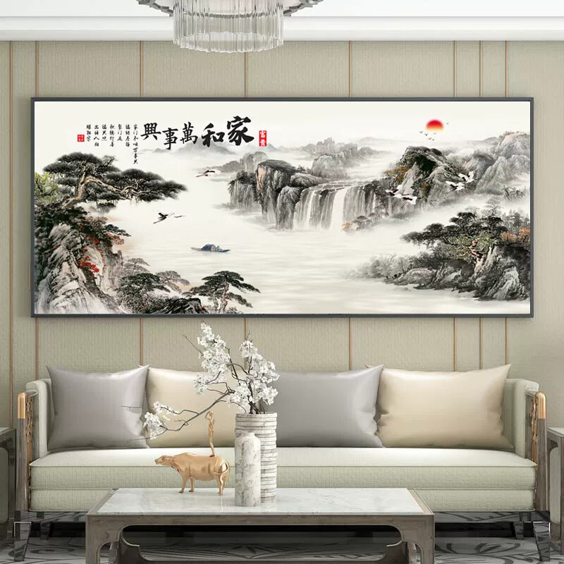 新中式山水画客厅挂画背景墙装饰画中堂壁画风景画国画办公室字画