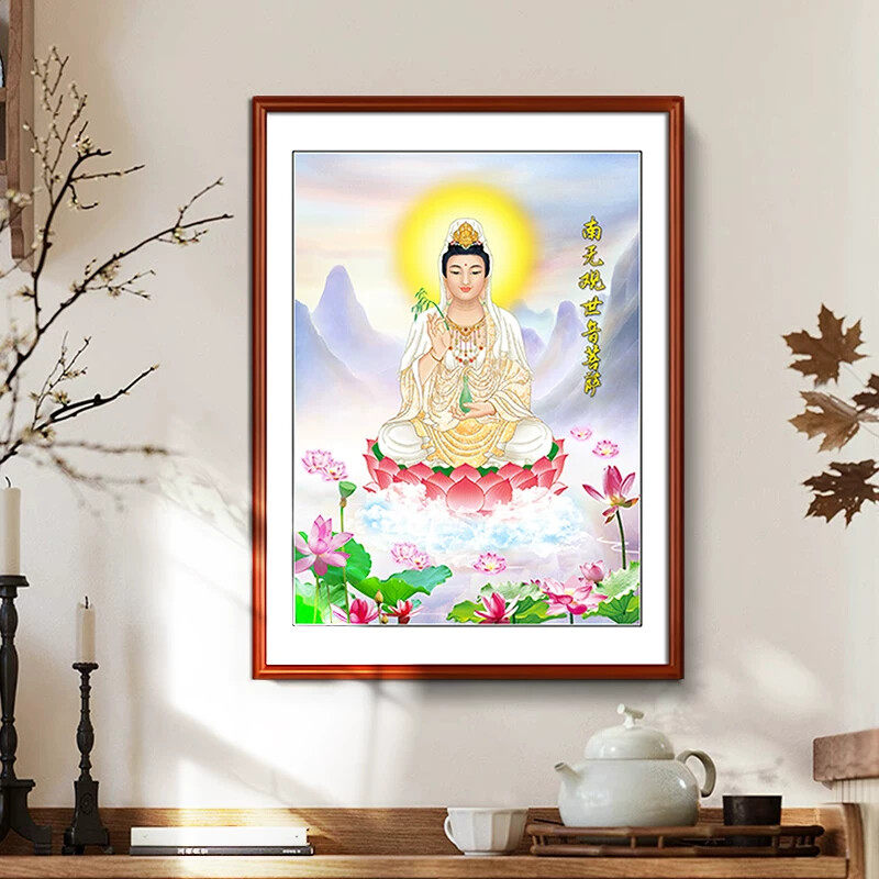 南海自在观世音菩萨送子观音画像佛像挂画中堂家用供奉背景墙壁画
