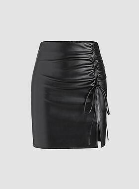 V 92206 PU leather high-waist skirt 高腰系带 PU 皮半身裙
