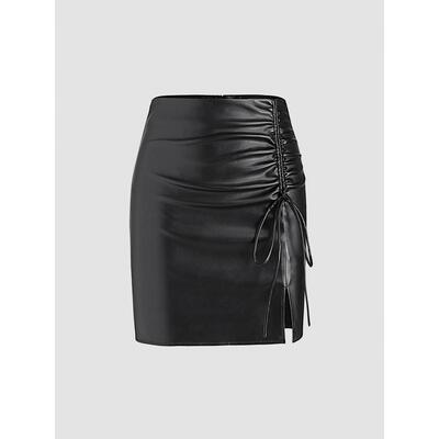 V 92206 PU leather high-waist skirt 高腰系带 PU 皮半身裙