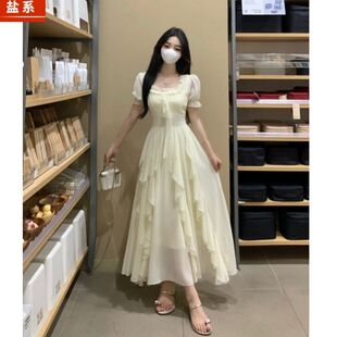 2025甜美夏装收腰显瘦学生连衣裙女油画荷叶边蝴蝶结仙女气质长裙