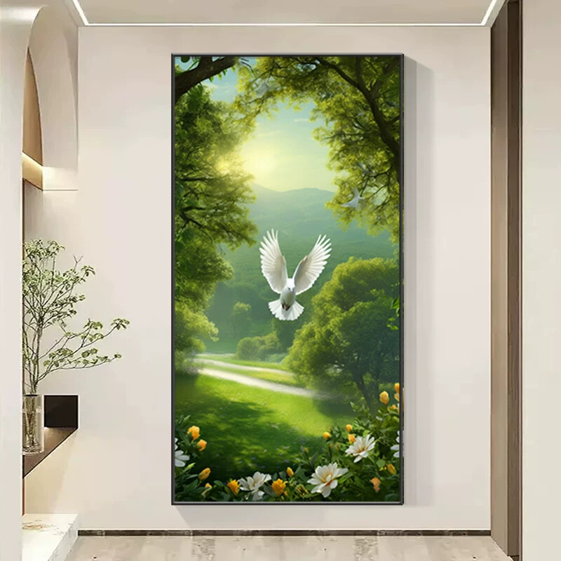 绿色森林高档入门玄关装饰画写实风树木挂画蓝天白云风景墙壁挂画